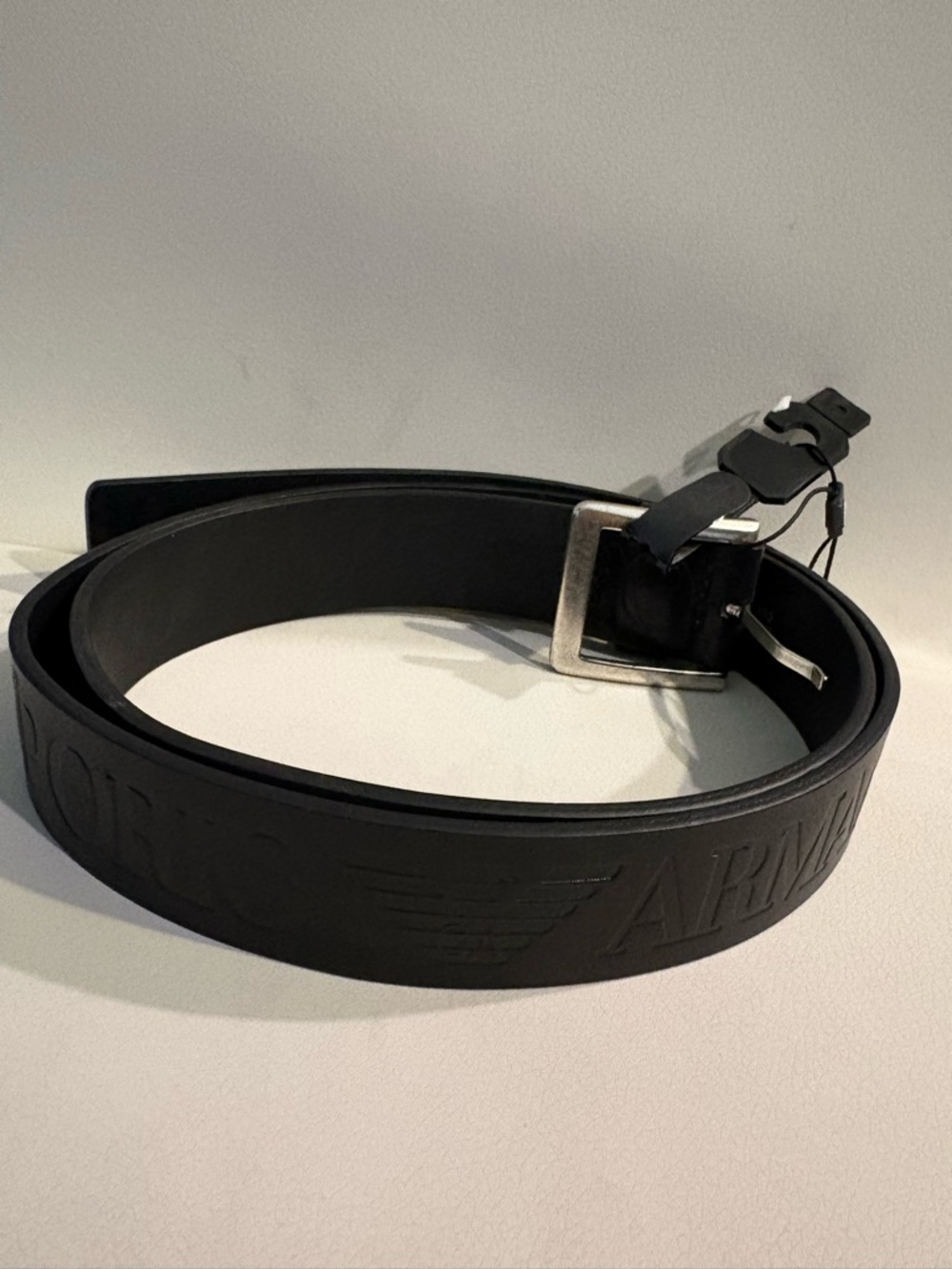 Emporio Armani Black Embossed Logo Leather Belt with Silver Buckle
